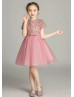 Short Sleeves Mauve Sequined Lace Tulle Flower Girl Dress